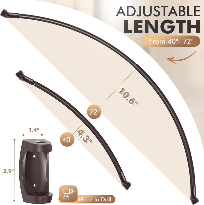 Bonpally Curved Shower Curtain Rod for Bathroom, 40-72 Inches Adjustable Curved Shower Rod, 0.9MM Aluminum Shower Curtain Rod with Rotating Brackets for Extra Shower Space, Need to Drill, Bronze - Image 4